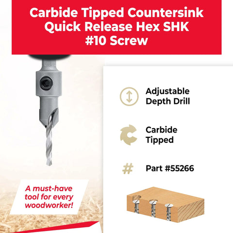 Carbide Tipped Countersink Drill Bit With 82 Degree Countersink, Three Eighths Inch Diameter, One Quarter Inch Quick Release Hex Shank for woodworking displayed with adjustable depth feature.