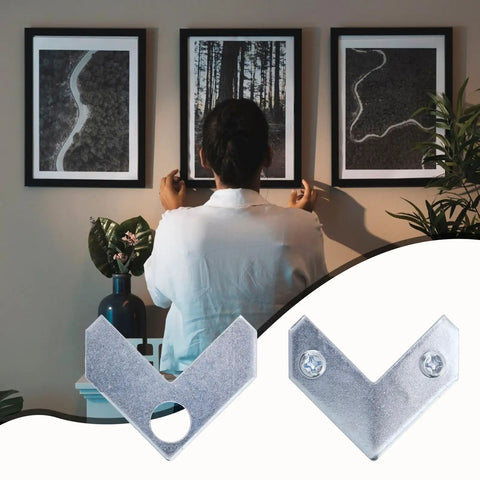 Rock Solid L Shaped Corner Brace Brackets 30 Pack 35x13mm supporting picture frames on a wall with a person hanging photos.