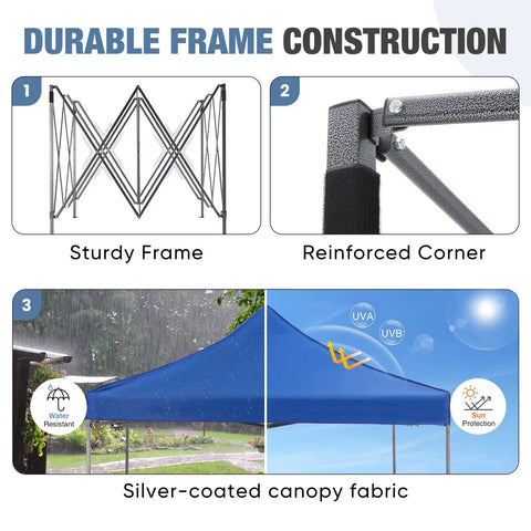 10x10 Ft Pop Up Canopy Tent For Camping Parties Events Patio Beach Backyard All Weather Heavy Duty Instant Sun Shade With Sand Bags Blue Party Ready For Outdoor Markets And Gatherings Easy Setup Portable Shelter with durable frame construction and silver-coated fabric
