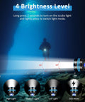 Beast Mode Narrow Beam Dive Light For Night Dives And Snorkeling shown in 4 modes with 200m beam range, IPX8 waterproof, 6500K color