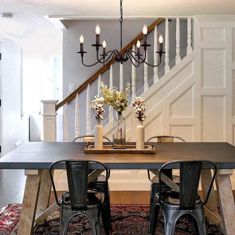 Farmhouse 6 Light Black Chandelier For Dining Room And Kitchen Island Pendant Light Fixture With Industrial Rustic Vibe Vintage Modern