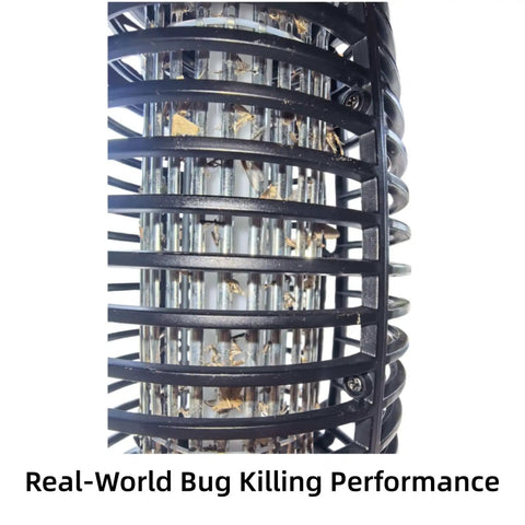 Close-up of Cordless 4-In-1 Bug Zapper For Outdoor Use showing metal grid with bugs and protective casing.