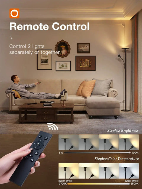Man relaxing in living room with Torchiere Floor Lamp With Adjustable Reading Light Remote Control And Foot Switch Dual Light Setup
