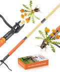 Stand Up Weed Puller Tool With 4-Claw Steel Head And Dual Eject, 43.7 Inch Bamboo Handle, Deep Root Remover For Lawn Garden Yard, Anti-Slip Pedal, No Bending Back Pain, Easy Weeding, shown with uprooted dandelion
