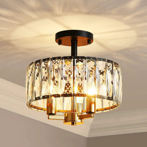 Crystal K9 3 Light Semi Flush Ceiling Light Fixture With Sparkling Clear Crystal Sticks Shine Gold And Matte Black Finish Modern Glam Look For Living Room Bedroom And Dining Room D13 x H15 Easy Mount And Ambient Lighting