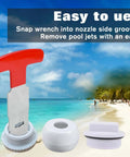Premium Pool Plug Removal Tool Set With Red Handle Eyeball Wrench for Above Ground Pools on tropical beach background