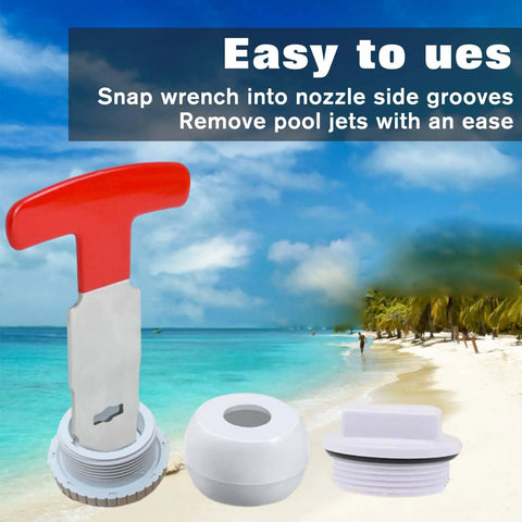 Premium Pool Plug Removal Tool Set With Red Handle Eyeball Wrench for Above Ground Pools on tropical beach background