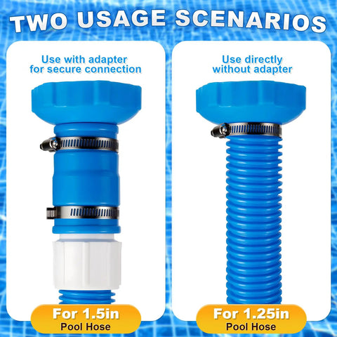Must Have Pool Vacuum Hose Adapter Kit Compatible With Adapter B for above ground pools, showing usage with and without adapter