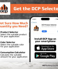 DCP Selector app installation guide with features for product, color, and consumption selection, available on App Store and Google Play.