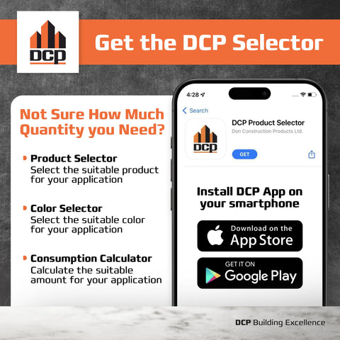 Mobile phone displaying DCP Product Selector app with installation instructions, app store logos, and DCP logo.