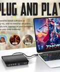External CD DVD Drive Portable USB 3.0 And USB-C CD RW Drive For Laptop And Desktop, black slim drive connected to MacBook