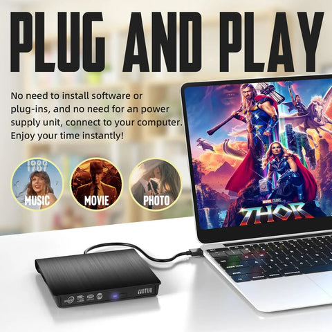 External CD DVD Drive Portable USB 3.0 And USB-C CD RW Drive For Laptop And Desktop, black slim drive connected to MacBook