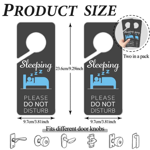 Sleeping Do Not Disturb Door Hanger Signs Black PVC Double Sided 9x4 Inch Two Pack showing dimensions and fits various door knobs