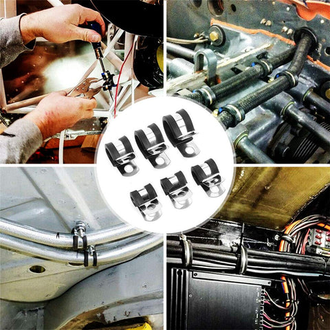 Rugged Stainless Steel Cable Clamp Kit With Rubber Sleeves 52 Piece Black Wire Management Set shown in various uses for automotive and industrial applications.