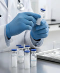 Front view of a gloved hand holding a 5ml glass vial with a blue flip cap; several similar vials on a lab tray.