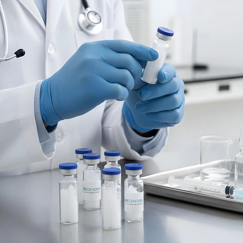 Front view of a gloved hand holding a 5ml glass vial with a blue flip cap; several similar vials on a lab tray.