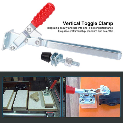Lengthened Toggle Clamp Quick Release Latch For Woodworking Jigs And Fixtures, Vertical Workholding Tool, Heavy Duty Clamp For Secure Fastening And Easy One Hand Release, shown with red handle and installed on wood.