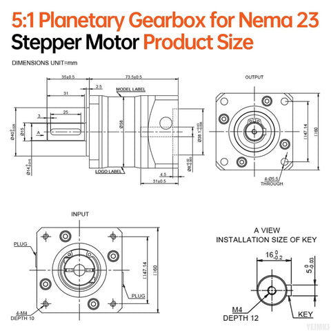 Five To One Planetary Gearbox For Nema 23 Stepper Motor With 60 To 74mm Body, 15 Arcmin Backlash Technical Diagram