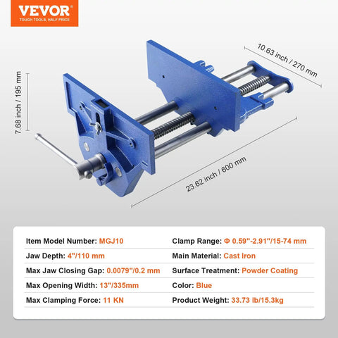 Beast Mode Heavy Duty Cast Iron Workbench Vise With Quick Release Lever 13 Inch, blue color, 10.63 inch jaw, ideal for woodworking tasks.