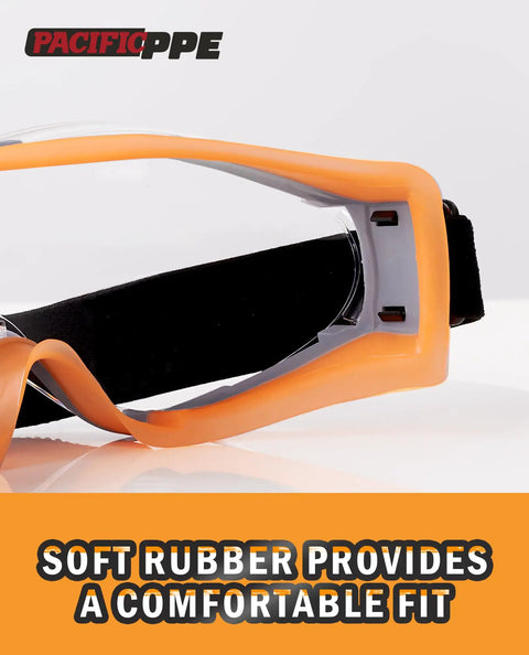 Close-up of Wide Vision Safety Glasses With Anti-Fog And Anti-Scratch Wraparound Lenses Adjustable Strap, focus on rubber frame.