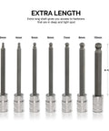 Extra Long Ball End Hex Bit Socket Set for Three Eighths Inch Drive to Handle Metric Fasteners From Three To Ten Millimeter, 7 Piece