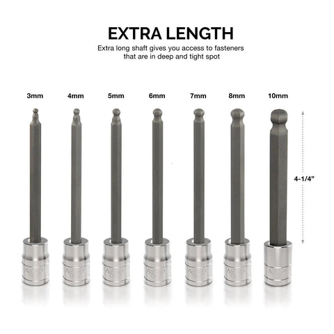 Extra Long Ball End Hex Bit Socket Set for Three Eighths Inch Drive to Handle Metric Fasteners From Three To Ten Millimeter, 7 Piece