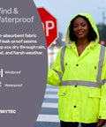 Woman wearing neon yellow Hi Vis Rain Gear Set With Detachable Hood Three Piece Jacket Bibs For Night Shifts Waterproof X Large.