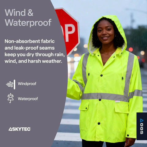 Woman wearing neon yellow Hi Vis Rain Gear Set With Detachable Hood Three Piece Jacket Bibs For Night Shifts Waterproof X Large.