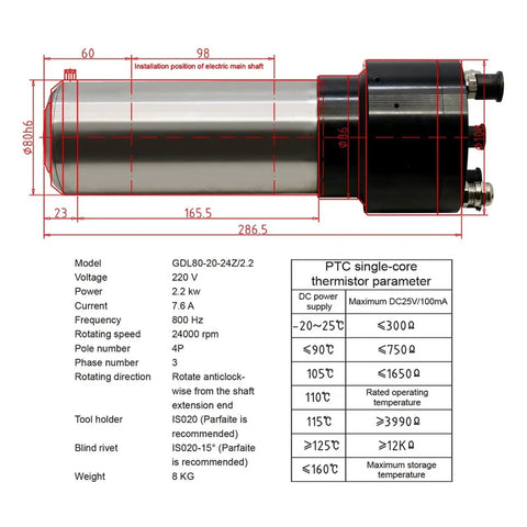 Built Tough Cnc Spindle Motor With Efficient Water Cooling And Iso20 Taper Running Ice Cold At 24000 Rpm And 2.2Kw, technical specifications diagram.