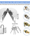 Door Knob Lockout Device With Padlock And Keys, Heavy Duty Lock Cover For Doors Faucets And Valves, silver with dimensions.
