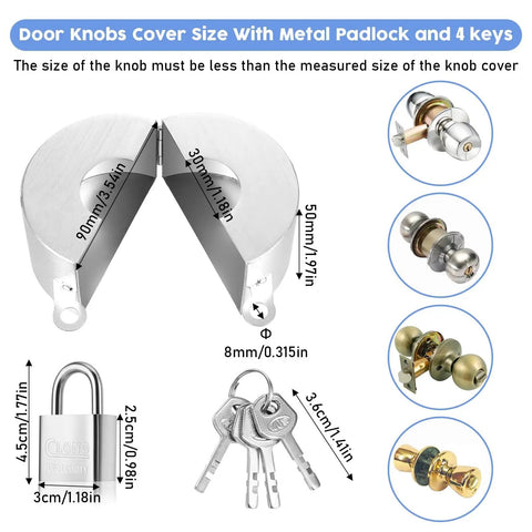 Door Knob Lockout Device With Padlock And Keys, Heavy Duty Lock Cover For Doors Faucets And Valves, silver with dimensions.