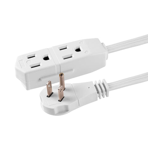 Three Outlet Flat Extension Cord With Eight Foot Grounded Cable For Home Office Media Center And Workspace Use Turns One Wall Outlet Into Three Prong Outlets; white 8 ft cord