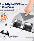 Heavy Duty Lever Action Paper Punch, 50 Sheet Capacity For Three Ring Binders, showing hole punch mechanism and paper alignment.