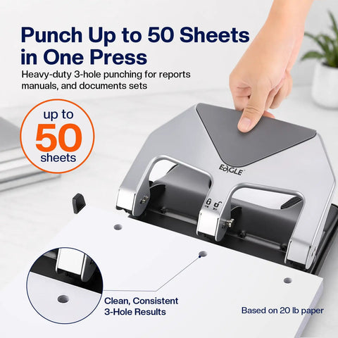 Heavy Duty Lever Action Paper Punch, 50 Sheet Capacity For Three Ring Binders, showing hole punch mechanism and paper alignment.