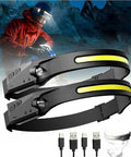 GoBeam 230 Degree Wide Beam LED Headlamp Pack Of 2 Rechargeable Headband Work Light With 350 Lumen Output shown with accessories