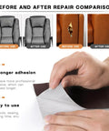 Leather Repair Patch 3x60In Self Adhesive Tape Kit comparison before and after use on furniture and car seats.