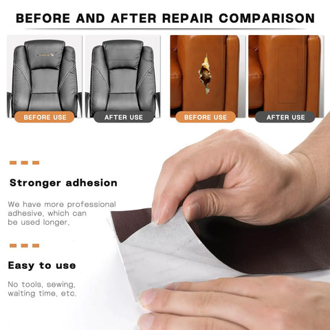 Leather Repair Patch 3x60In Self Adhesive Tape Kit comparison before and after use on furniture and car seats.