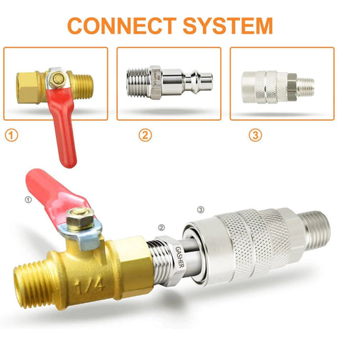 GASHER 5-piece air plug set: brass valve with red handle and stainless 1/4 in NPT plugs with quick-connect.