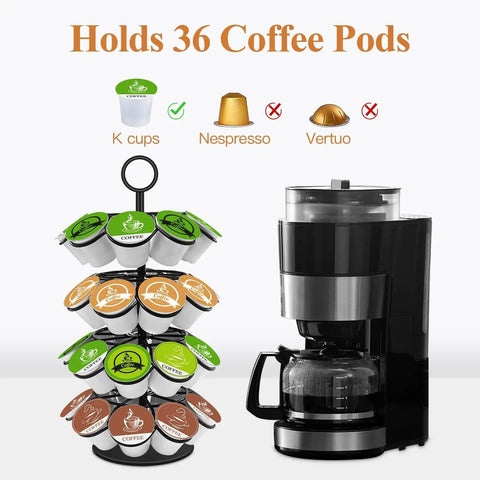 Super Handy 36 Pod K Cup Organizer That Spins 360 Degrees Detachable Coffee Pod Holder next to a coffee maker