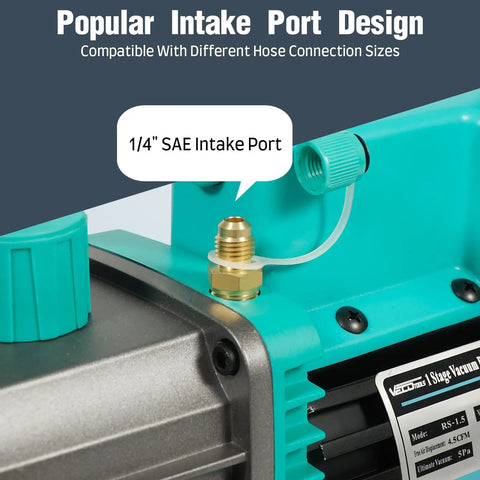 Heavy Duty 4.5 Cfm Single Stage Vacuum Pump For Hvac And Automotive Ac Repair showing 1/4 SAE intake port with compatible hose connection.
