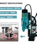 Zinnore 2000W Magnetic Drill Press With 4047 Lbf Mag Force, Variable Speed showing specifications and features for metal work.