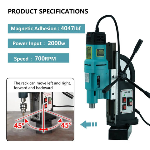 Zinnore 2000W Magnetic Drill Press With 4047 Lbf Mag Force, Variable Speed showing specifications and features for metal work.