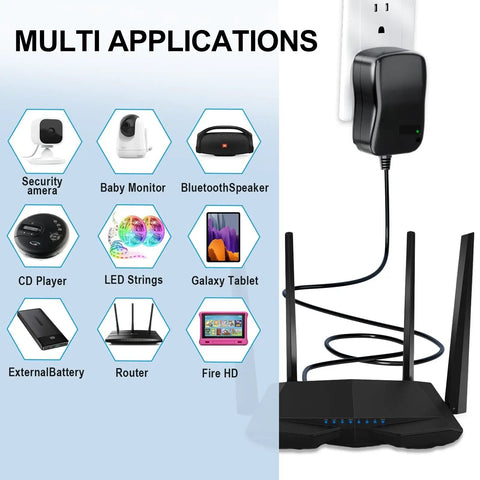 Universal 12V Power Supply Adapter plugged in, powering a router with multi-device applications shown for home electronics use.
