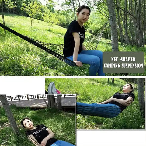 Army Green Outdoor Travel Hammock With Mesh Net Nylon Rope Construction shown in use outdoors.