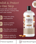 Wood Care Bundle With 16 Oz Polish And Premium Microfiber Cloth, almond scent wood cleaner bottle with product benefits listed.