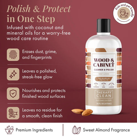 Wood Care Bundle With 16 Oz Polish And Premium Microfiber Cloth, almond scent wood cleaner bottle with product benefits listed.
