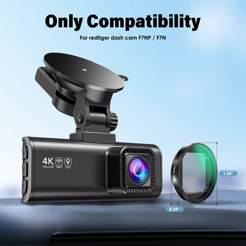 Dash cam showing CPL Anti-Glare Filter For F7NP And F7N Dash Cams, Circular Polarizer Lens Cuts Glare And Reflections.