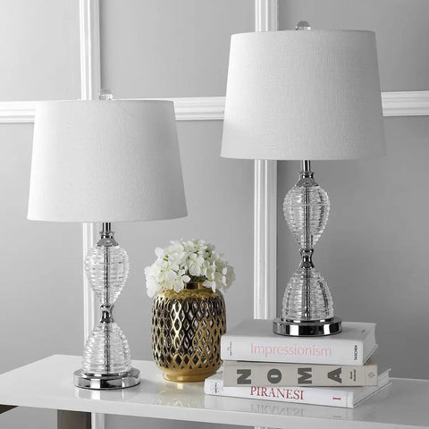 Clear Crystal LED Table Lamp Set Of 2 With Dope Glam Hourglass Design White Linen Shade Chrome Finish on white table.