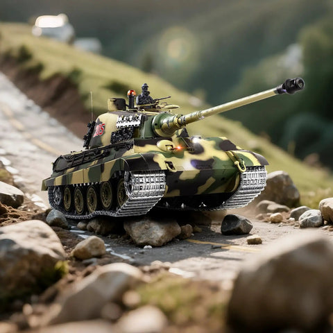 1/16 Scale German King Tiger RC Tank With Realistic Smoke, Sound And Lights on rocky terrain showcasing metal tracks