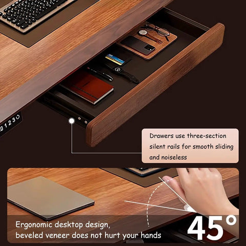 Slick Adjustable Standing Desk With Smart Memory Height Presets showing ergonomic design and drawer details in matte black finish.